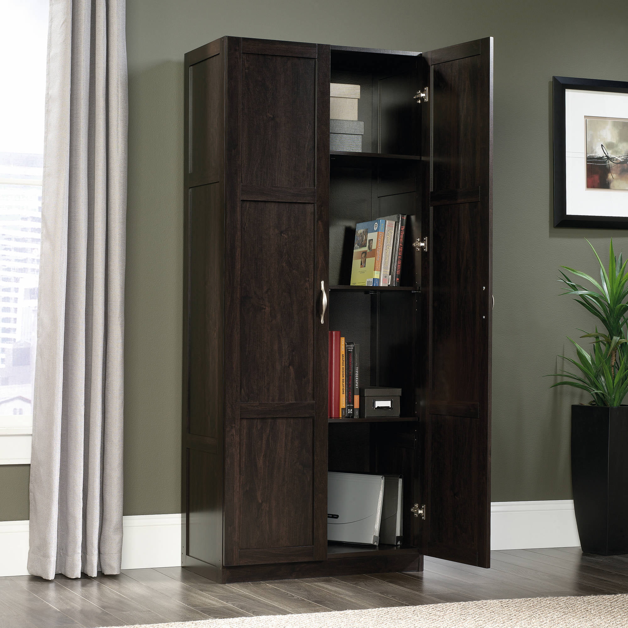 Sauder Select 2-Door Tall Storage Cabinet. Cinnamon Cherry Finish