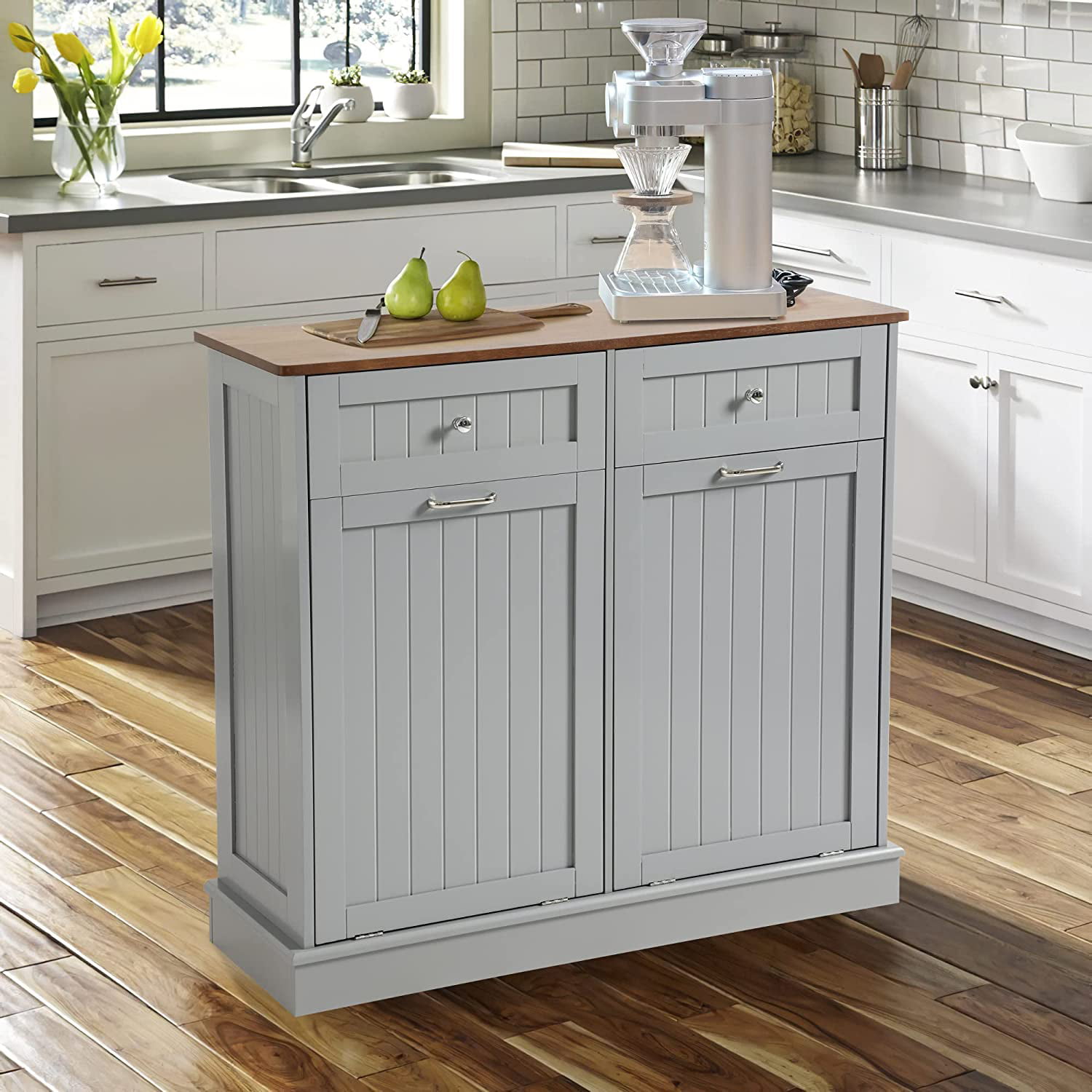 KIGOTY Dual Kitchen Trash Cabinet. Double Tilt Out Trash Can Cabinet with Countertop and Drawer. Free-Standing Pet Proof Recycling Cabinet Garbage Can Holder (Grey)