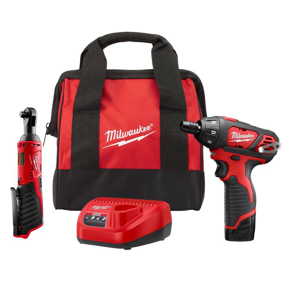 Milwaukee 2401-21R M12 12V Lithium-Ion Cordless 3/8 in. Ratchet and Screwdriver Combo Kit (2-Tool) with Battery. Charger. Tool Bag