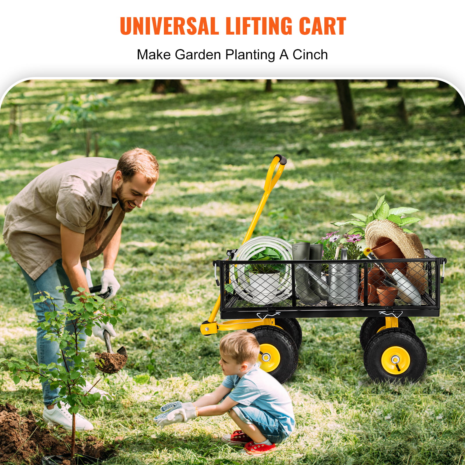 BENTISIM Steel Garden Cart. Heavy Duty 900 lbs Capacity. with Removable Mesh Sides to Convert into Flatbed. Utility Metal Wagon with 180° Rotating Handle and 10 in Tires. Perfect for Garden. Farm. Yar