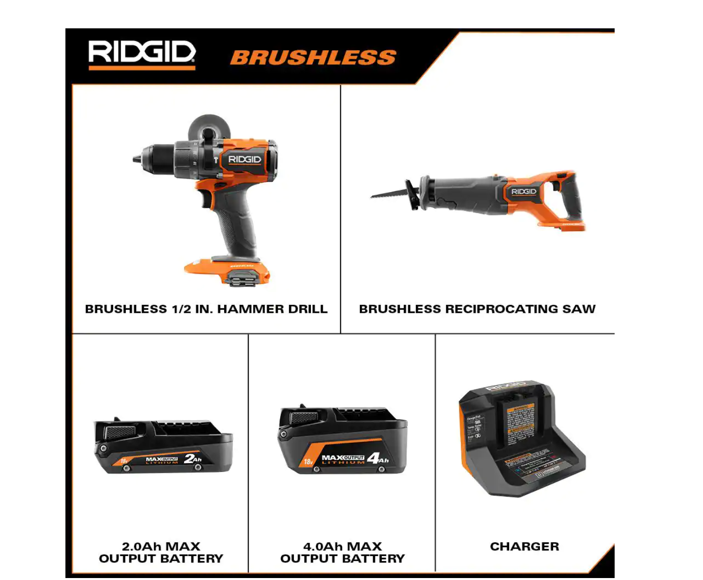 RIDGID R960261SBN 18V Brushless Cordless 1/2 in. Hammer Drill and Recip Saw Kit with (1) 4.0Ah Battery. (1) 2.0Ah Battery. Charger