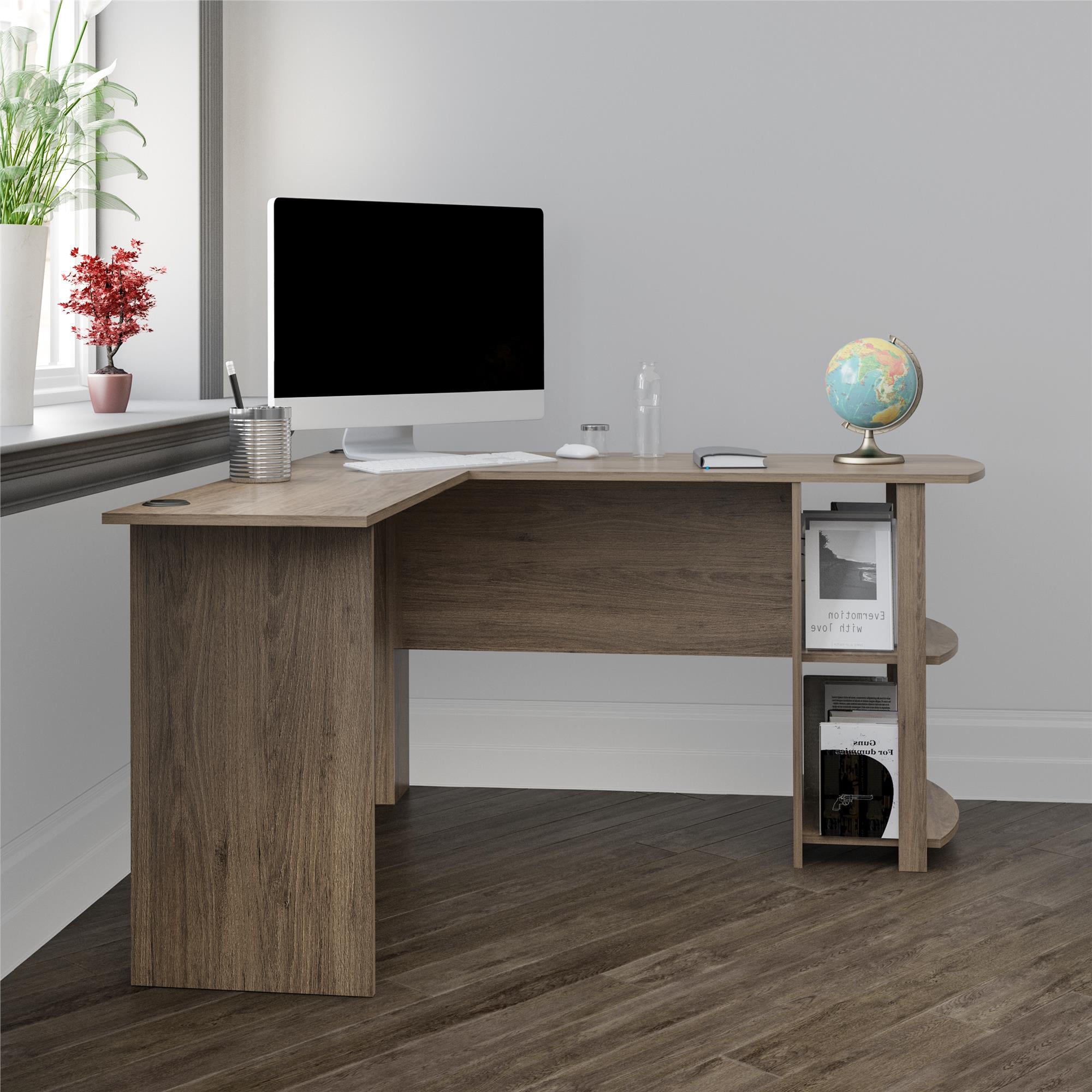 Ameriwood Home Dominic L Desk with Bookshelves. Rustic Oak