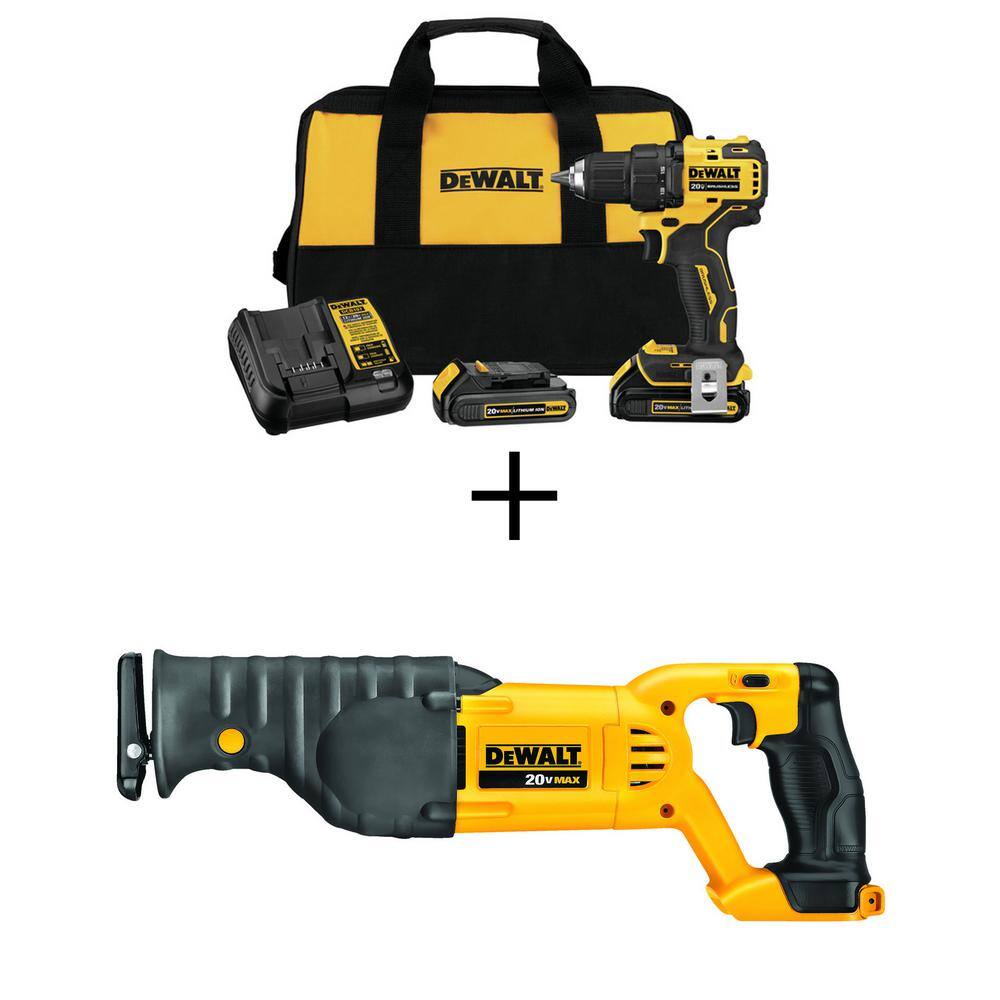 DEWALT DCD708C2WCS380B ATOMIC 20V MAX Cordless Brushless Compact 1/2 in. Drill/Driver. 20V Reciprocating Saw. and (2) 20V 1.3Ah Batteries