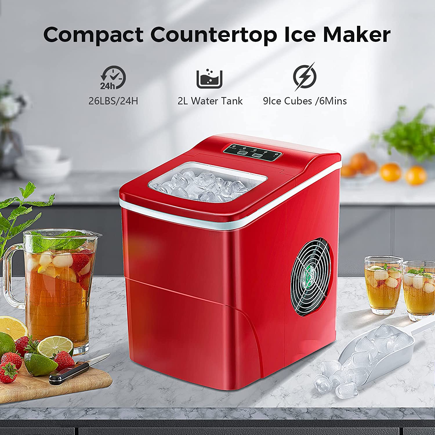AGLUCKY Counter top Ice Maker Machine.Compact Automatic Ice Maker.9 Cubes Ready in 6-8 Minutes.Portable Ice Cube Maker with Scoop and Basket.Perfect for Home/Kitchen/Office/Bar (Red)