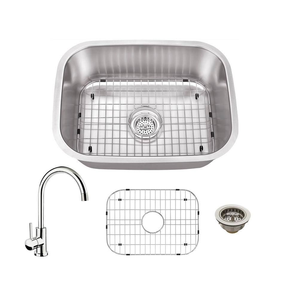 IPT Sink Company IPTSBLP805CP All-In-One Undermount 18-Gauge Stainless Steel 23-1/4 in. 0-Hole Bar Sink with Gooseneck Kitchen Faucet