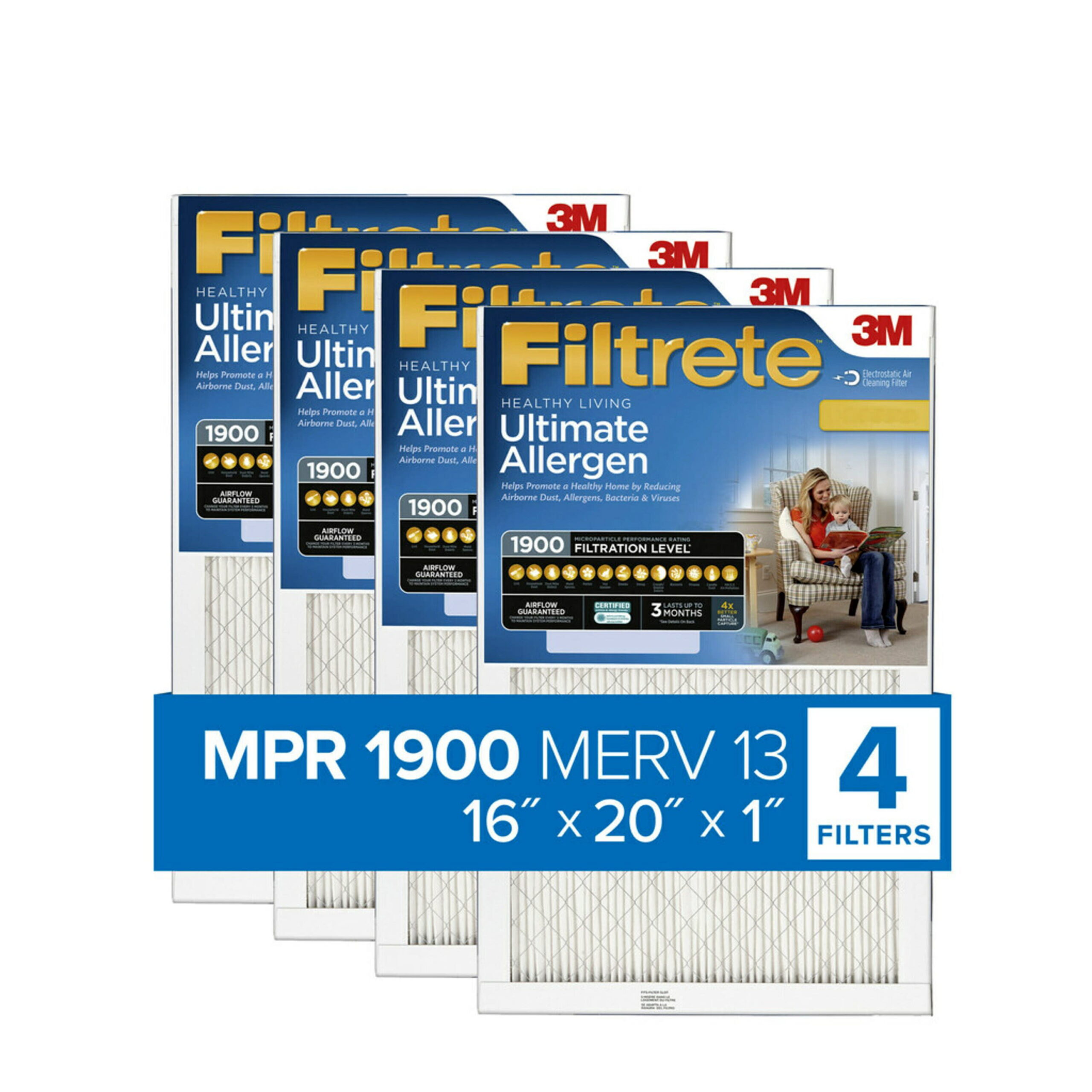 Filtrete 16x20x1 Air Filter. MPR 1900 MERV 13. Healthy Living Ultimate Allergen. Captures Smoke. Bacteria and Virus Particles. 4 Filters