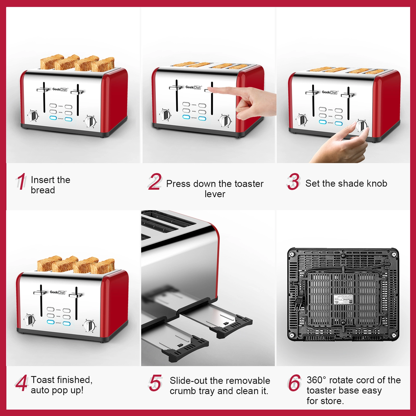 Toaster 4 Slice. Geek Chef Stainless Steel Extra-Wide Slot Toaster with Dual Control Panels of Bagel/Defrost/Cancel Function. 6 Toasting Bread Shade Settings. Removable Crumb Trays. Auto Pop-Up (Red)