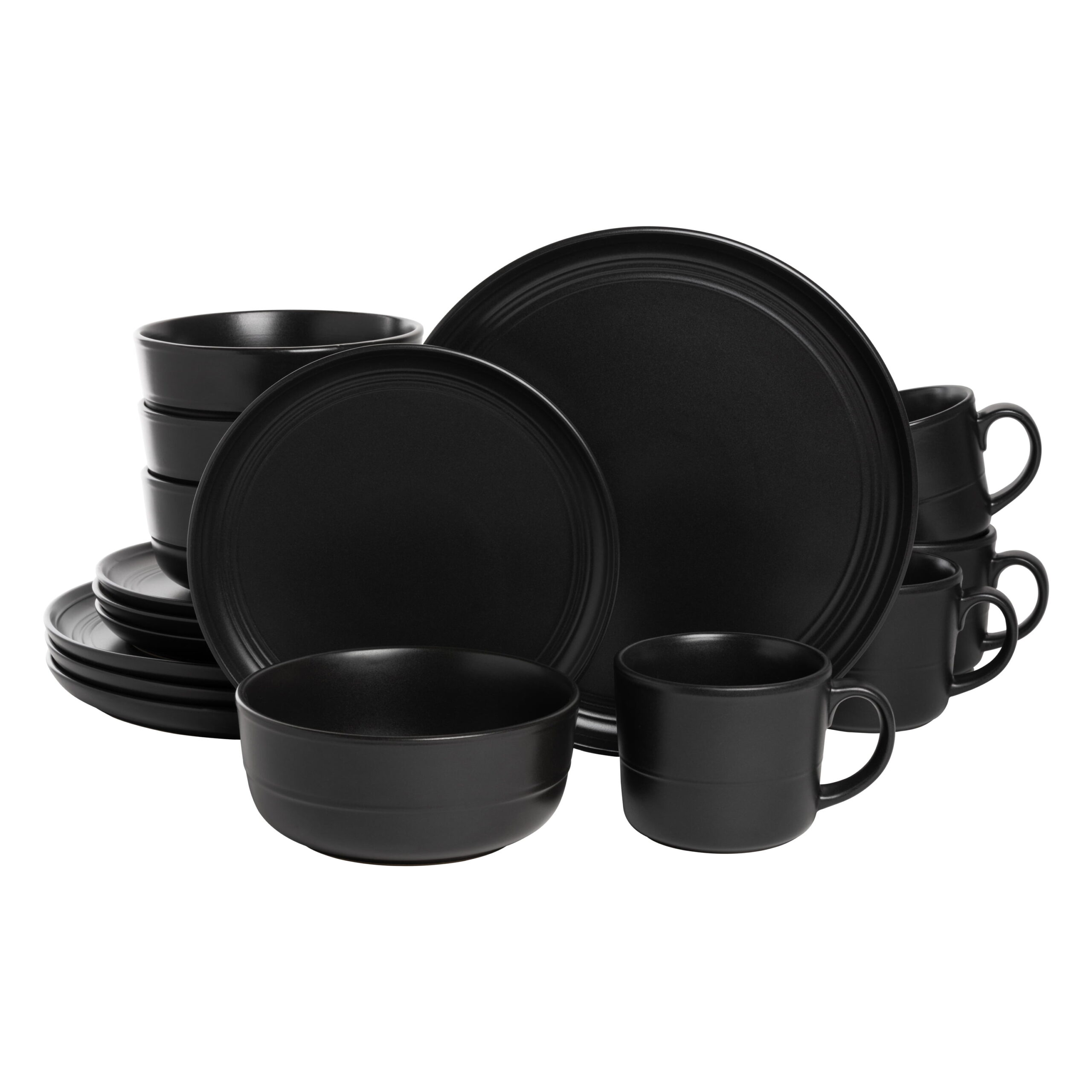 10 Strawberry Street Double Line 16 Piece Stoneware Dinnerware Set. Matte Black