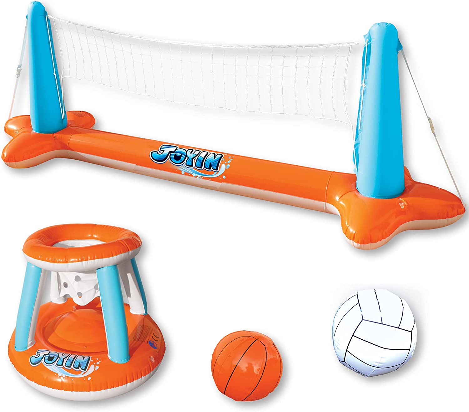 JOYIN Inflatable Pool Float Set Volleyball Net & Basketball Hoops. Floating Swimming Game Toy for Kids and Adults. Summer Floaties. Volleyball Court (105x28x35)|Basketball (27x23x27).Orange