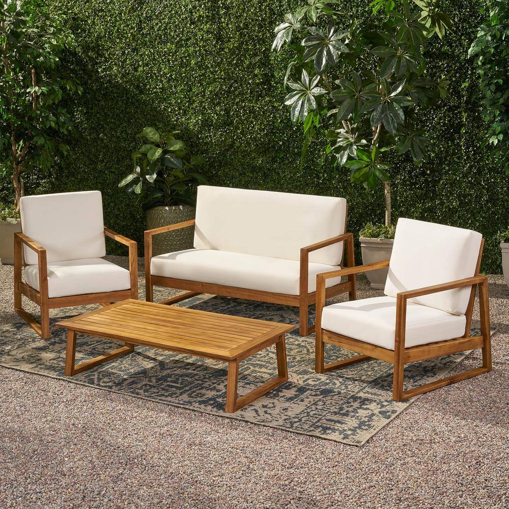 Noble House  Belgian Teak Brown 4-Piece Wood Patio Conversation Deep Seating Set with Beige Cushions