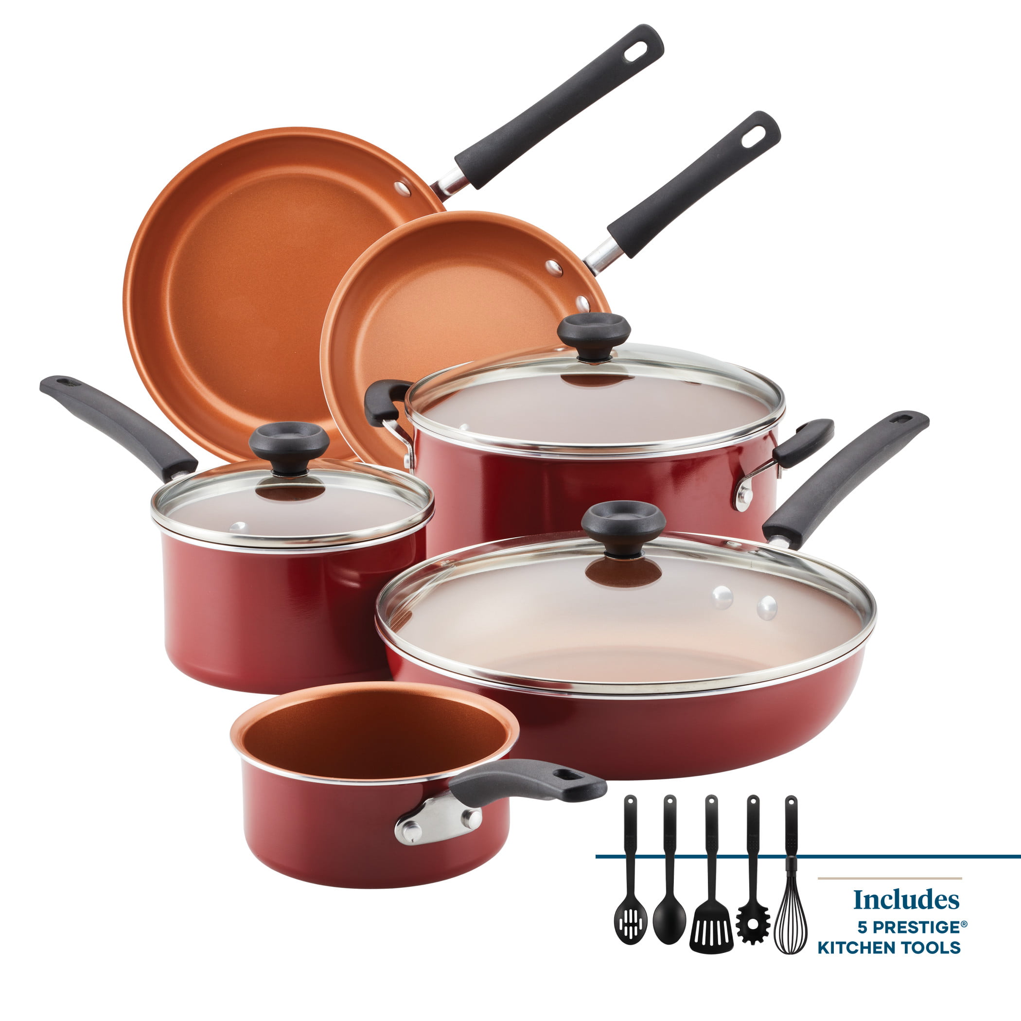 Farberware Easy Clean Pro Aluminum Nonstick Cookware Pots and Pans Set. 14-Piece. Red