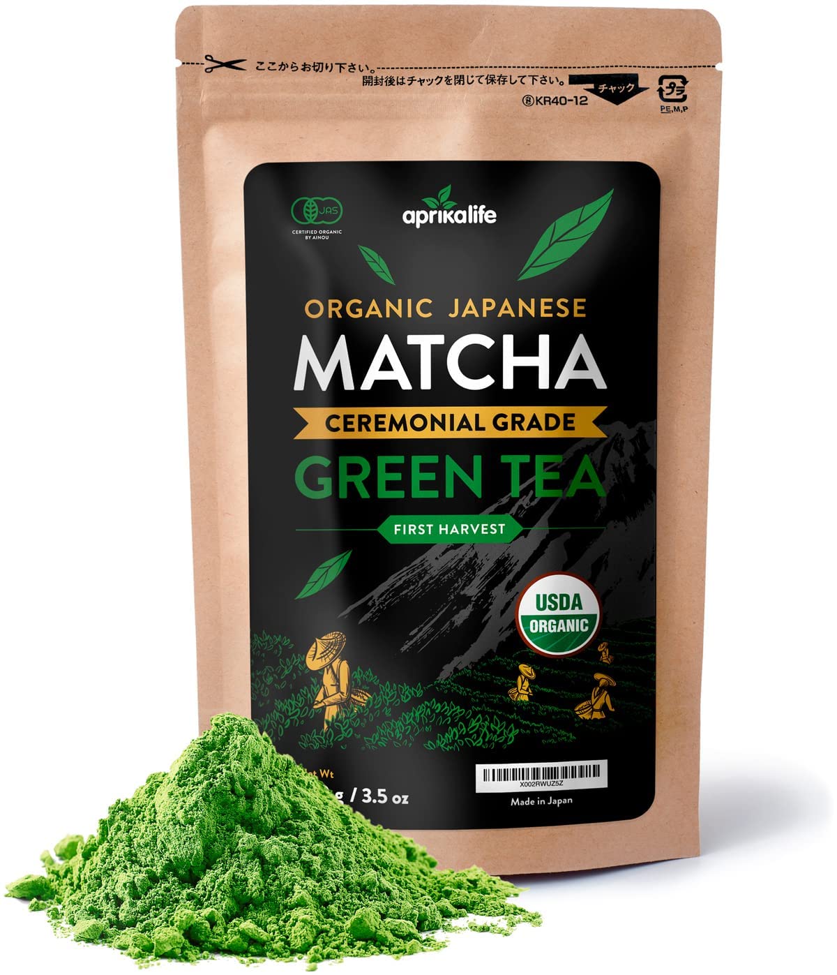 AprikaLife Premium Matcha Green Tea Powder - Organic Japanese Origin Ceremonial Grade Matcha - First Harvest from Japan - 3.5 Ounce - Japanese Macha Tea