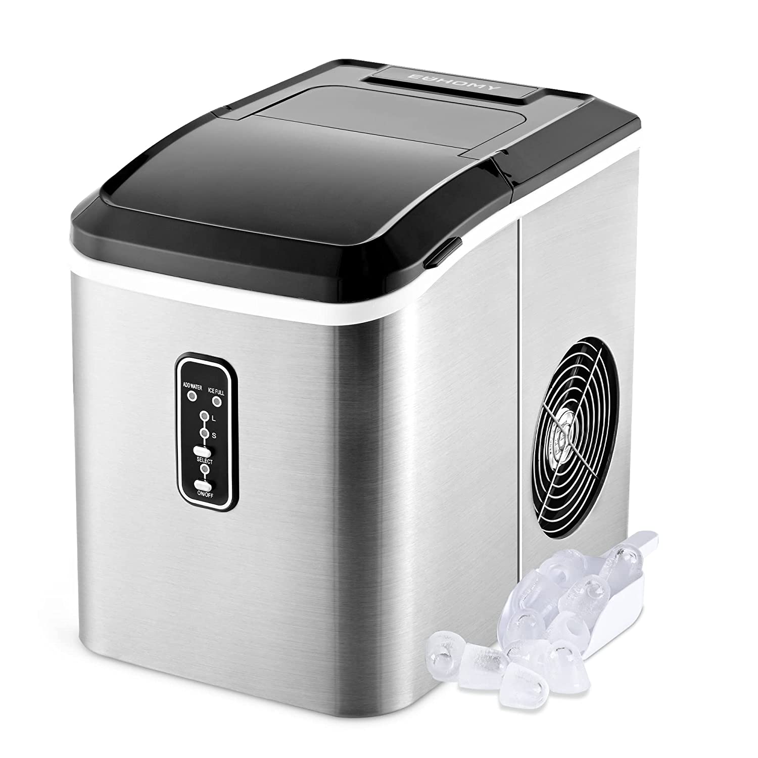 EUHOMY Ice Maker Machine Countertop. 27 lbs in 24 Hours. 9 Cubes Ready in 6 Mins. Electric ice Maker and Compact Potable ice Maker with Ice Scoop and Basket. Perfect for Home/Kitchen/Office.(Sliver)