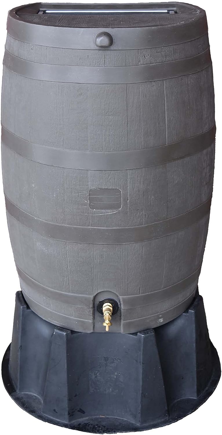 RTS Home Accents 551000901A5681 Polyethylene 50 US Gallon Flat Back Rain Barrel with Stand. Walnut