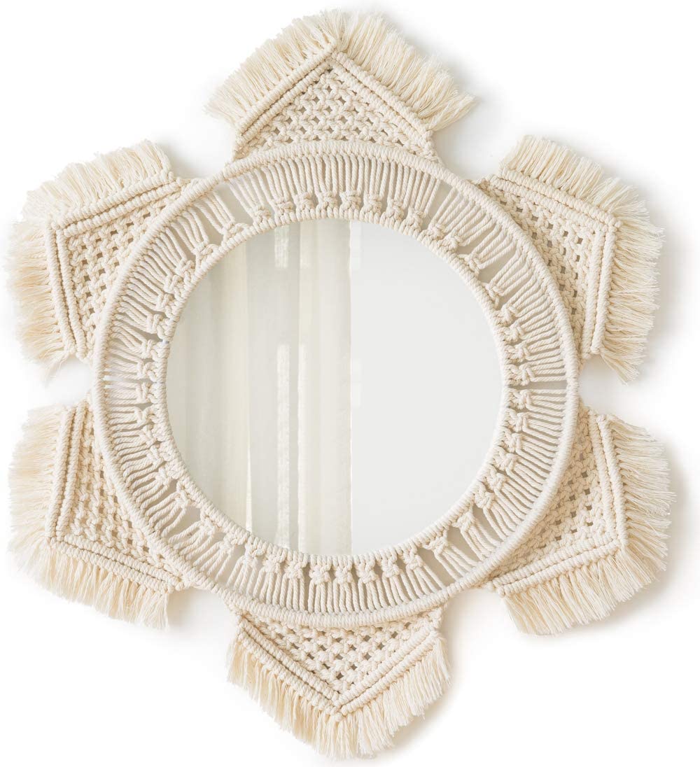 Mkono Hanging Wall Mirror with Macrame Fringe Round Boho Mirror Art Decor