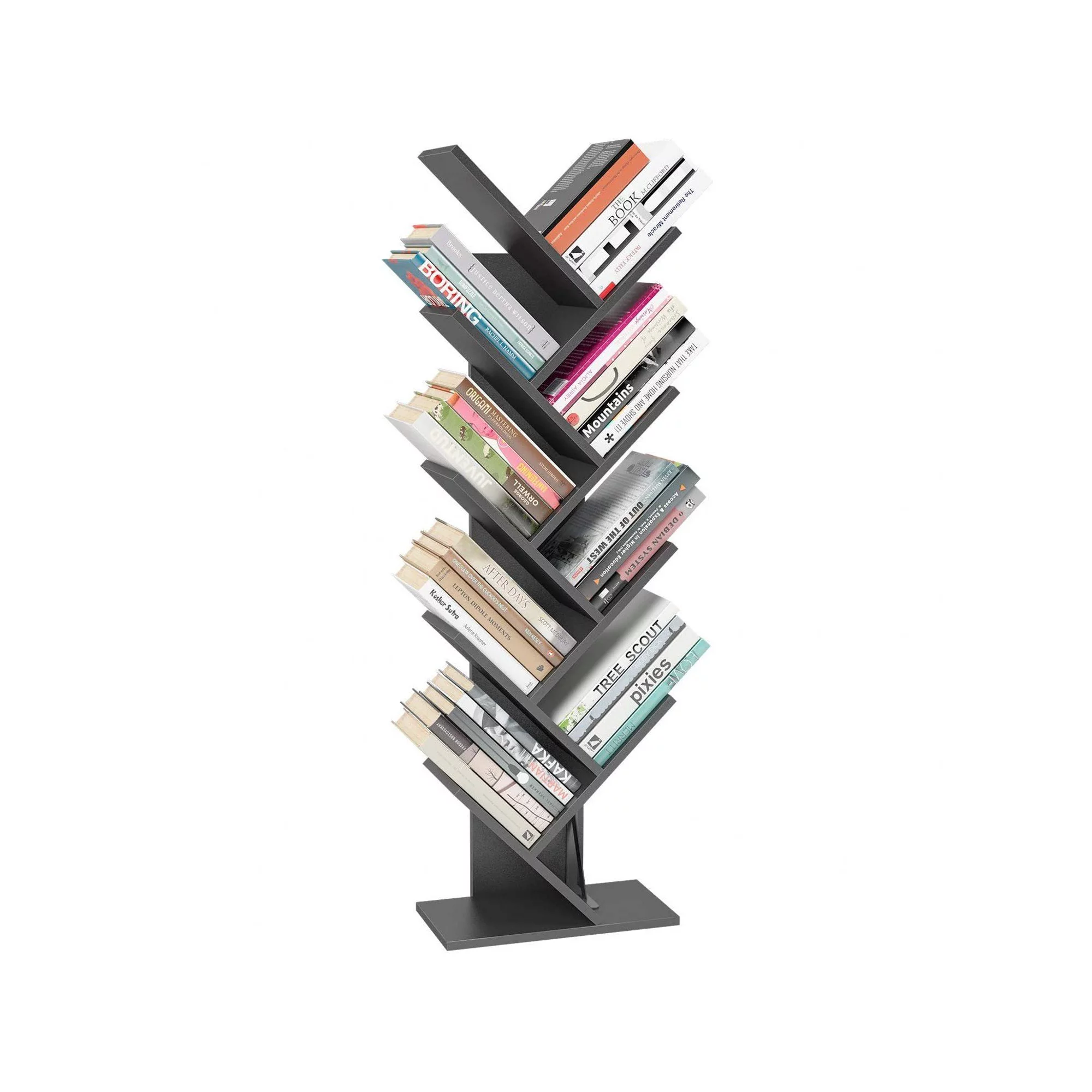 Homfa 9-Tier Tree Bookshelf. Modern Storage Shelf. Floor Bookcase CD Display Rack. Gray Finish