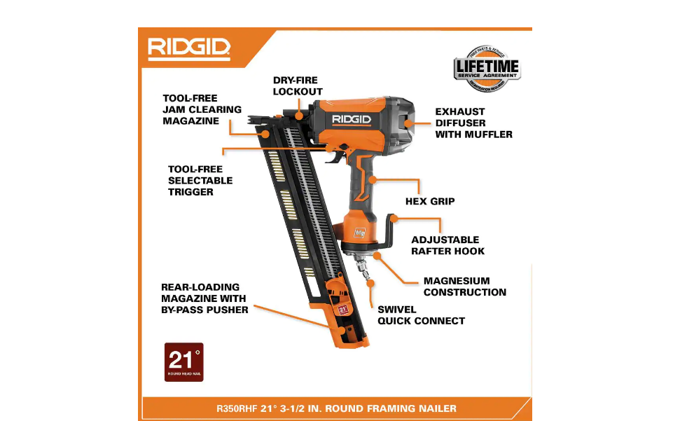 RIDGID R350RHF Pneumatic 21-Degree 3-1/2 in. Round Head Framing Nailer