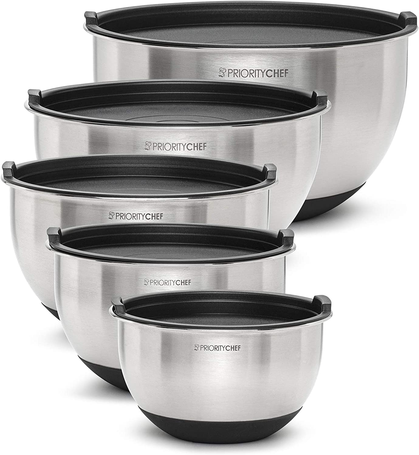 Priority Chef Premium Mixing Bowls With Lids Set. Thicker Stainless Steel Mixing Bowl Set. Large Prep Metal Bowls with Lids. Nesting Bowls for Kitchen. 1.5/2/3/4/5 Qrt. Black