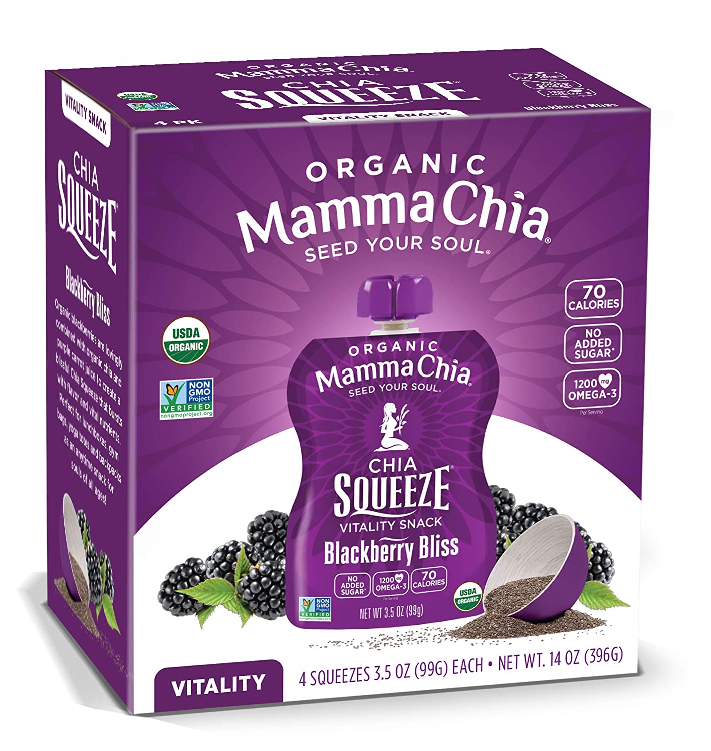 Mamma Chia Organic Vitality Squeeze Snack. Blackberry Bliss. 24- 3.05 Ounce Chia Pouches. USDA Organic. Non-GMO. Vegan. Gluten Free. and Kosher. Fruit and Vegetables with only 70 Calories