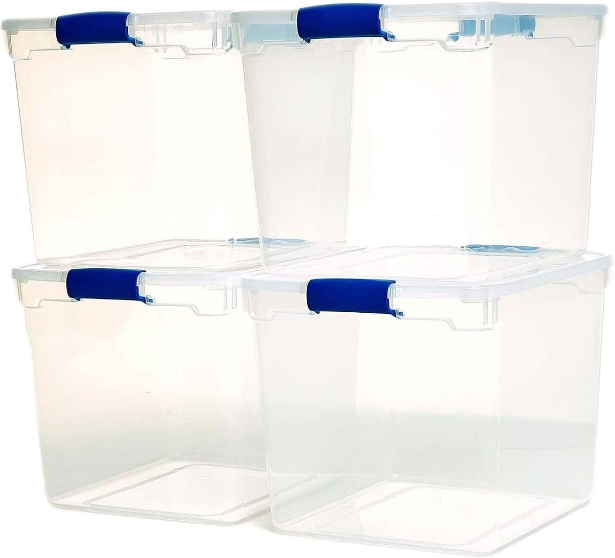HOMZ Heavy Duty Modular Clear Plastic Stackable Storage Tote Containers with Latching and Locking Lids. 31 Quart Capacity. 4 Pack