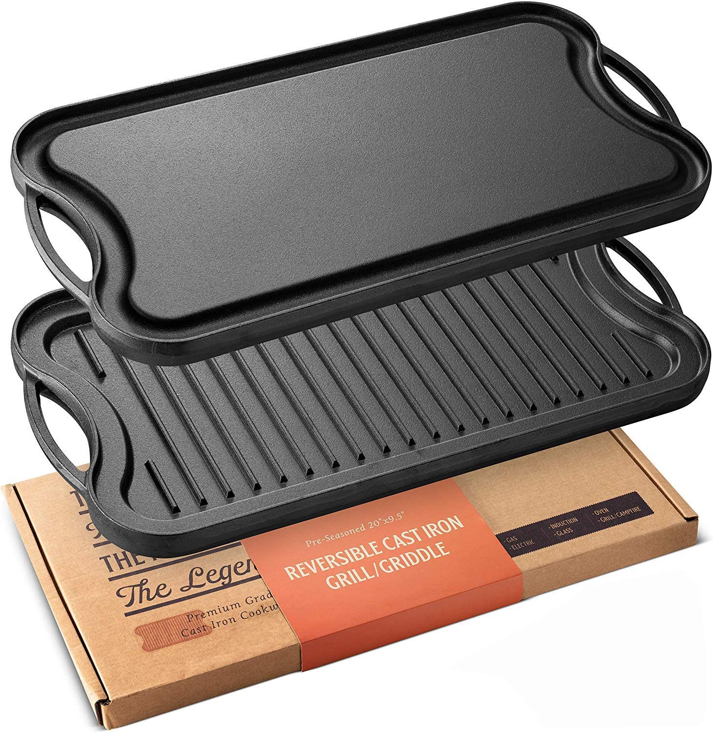 Legend Cast Iron Griddle for Gas Stovetop | 2-in-1 Reversible 20 Cast Iron Grill Pan for Stovetop with Easy Grip Handles | Use On Open Fire & in Oven | Lightly Pre-Seasoned Gets Better with Each Use