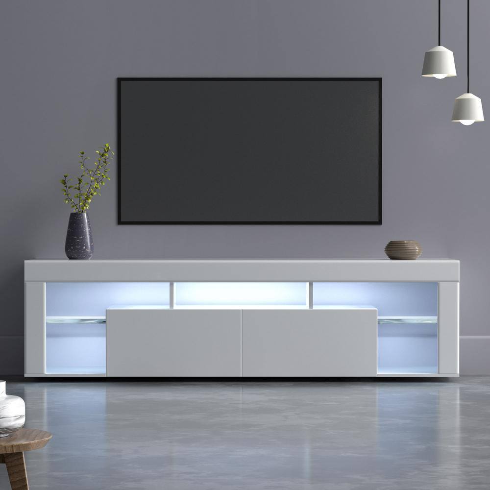 Seafuloy  63 in. White Wall-mounted Floating MDF TV Cabinet with 16 Colors of LED Lights and 2 Drawers