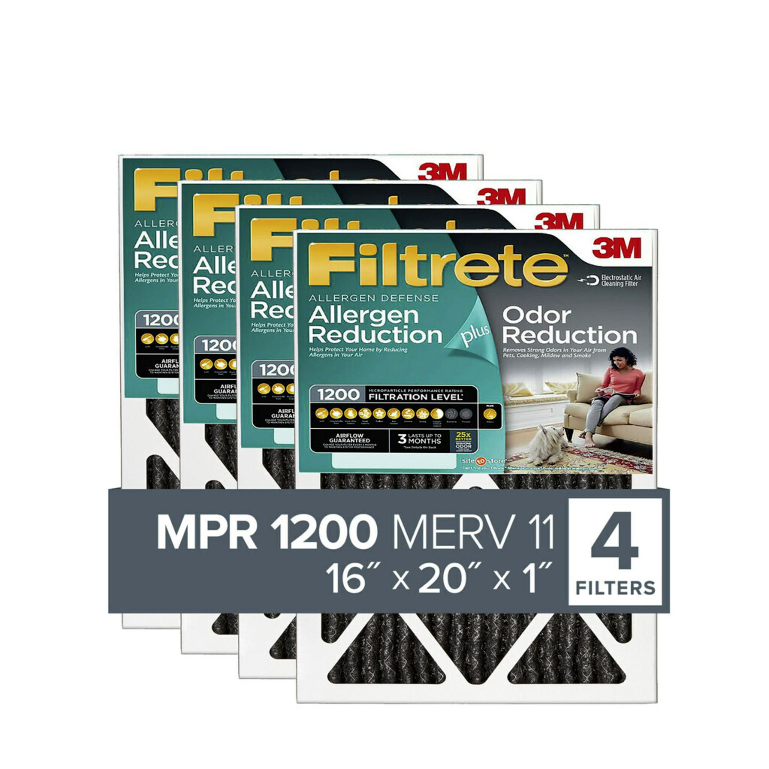 Filtrete by 3M 16x20x1. MERV 11. Allergen Plus Odor Reduction HVAC Furnace Air Filter. 1200 MPR. 4 Filters