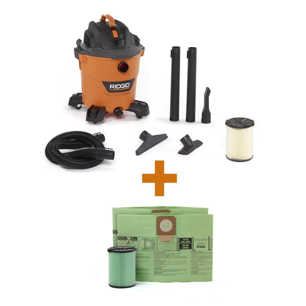 RIDGID HD1200E 12 Gallon 5.0 Peak HP NXT Wet/Dry Shop Vacuum with Filter. Locking Hose. Accessories. OSHA and HEPA Filtration Kit