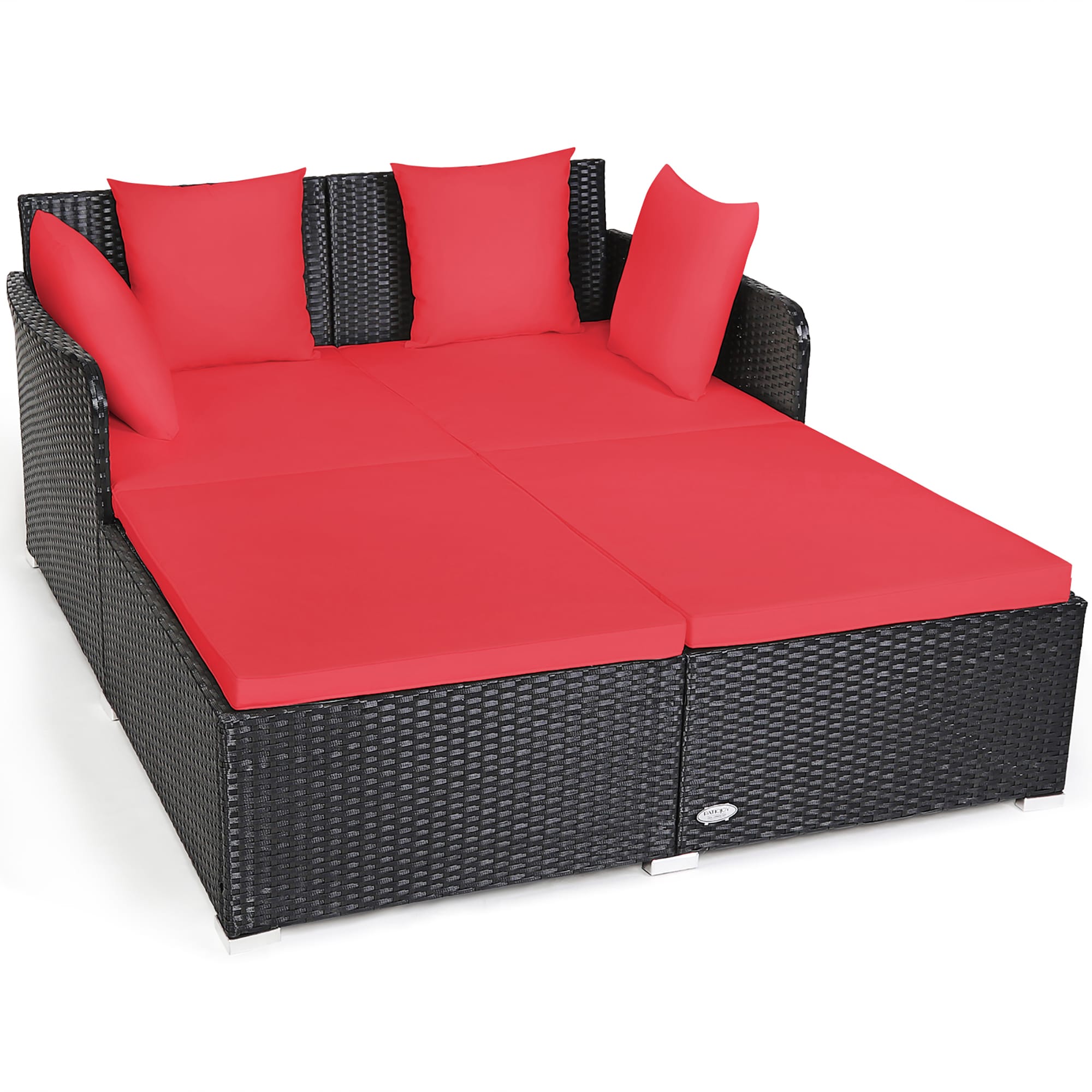 Goplus No Collection Rattan Outdoor Daybed with Red Cushion(S) and Rattan Frame