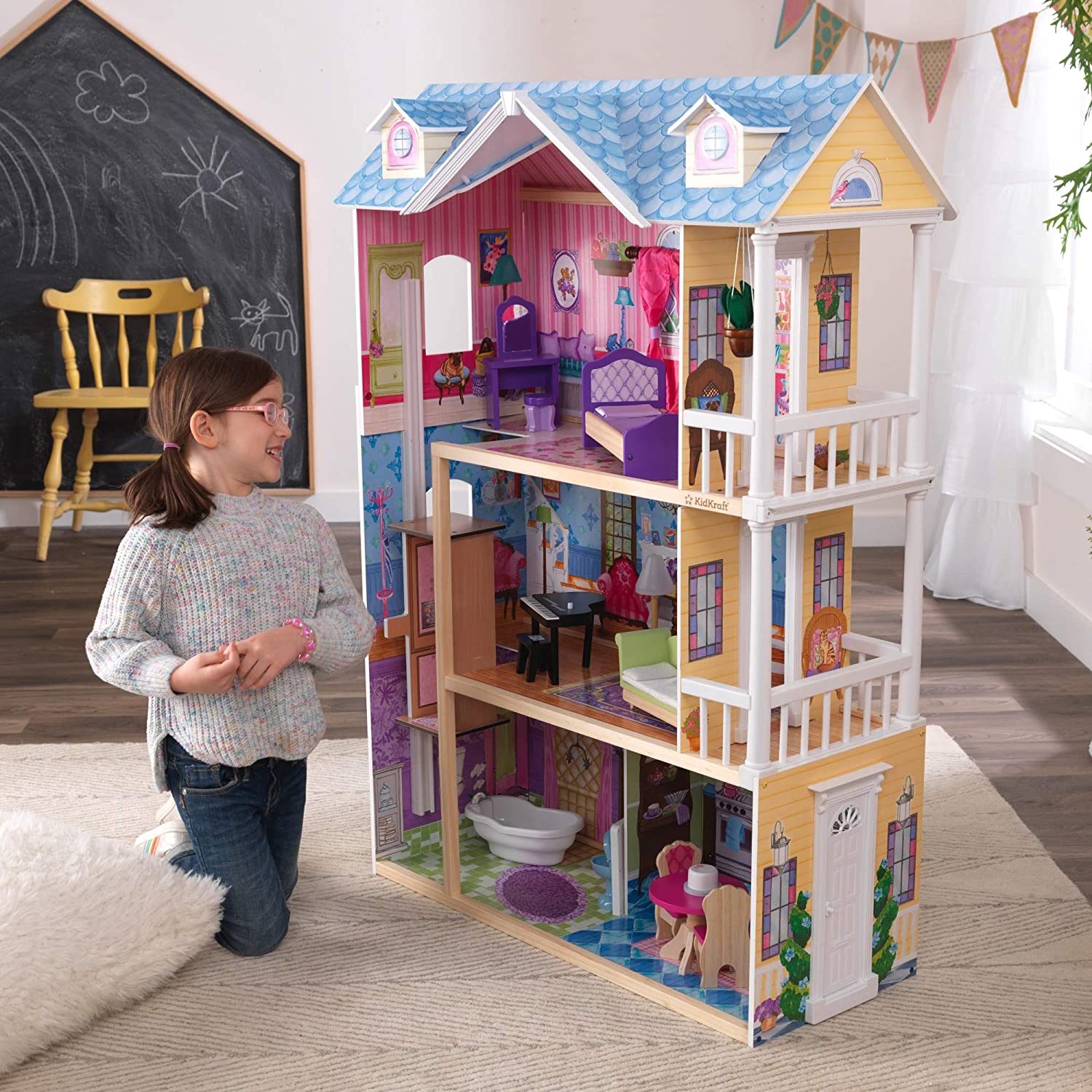 KidKraft My Dreamy Wooden Dollhouse with Lights and Sounds. Elevator and 14 Accessories. Gift for Ages 3+