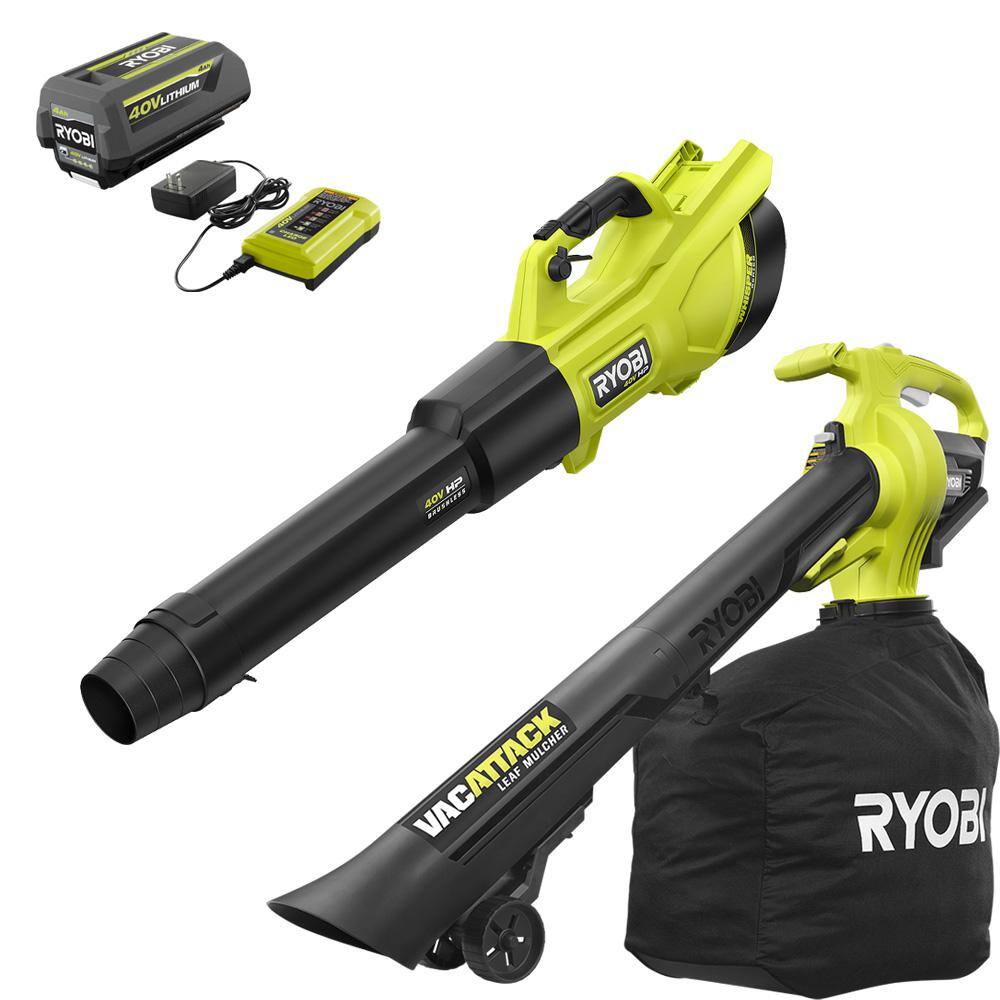 RYOBI RY404130-RY40405BTL 40V HP Brushless Whisper Series 155 MPH 600 CFM Cordless Blower & Leaf Vacuum/Mulcher with 4.0 Ah Battery and Charger