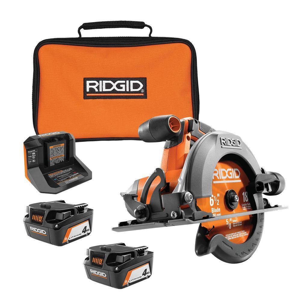 RIDGID R8655B-AC93044SBN 18V Cordless 6-1/2 in. Circular Saw with (2) 4.0 Ah Batteries. 18V Charger. and Bag
