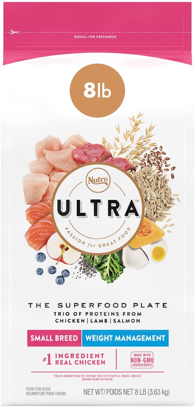 NUTRO ULTRA Adult Weight Management High Protein Natural Small Breed Dry Dog Food for Weight Contol with a Trio of Proteins from Chicken. Lamb and Salmon. 8 lb. Bag