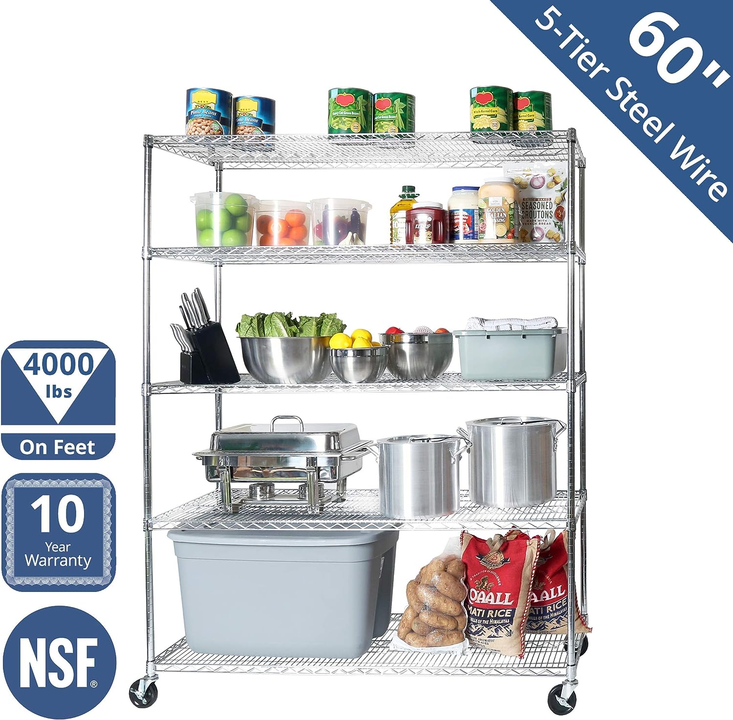 Seville Classics UltraDurable Heavy Duty NSF Solid Steel Wire Rack Storage Unit Wheels. 5-Tier Shelving. 60″ W x 24″ D