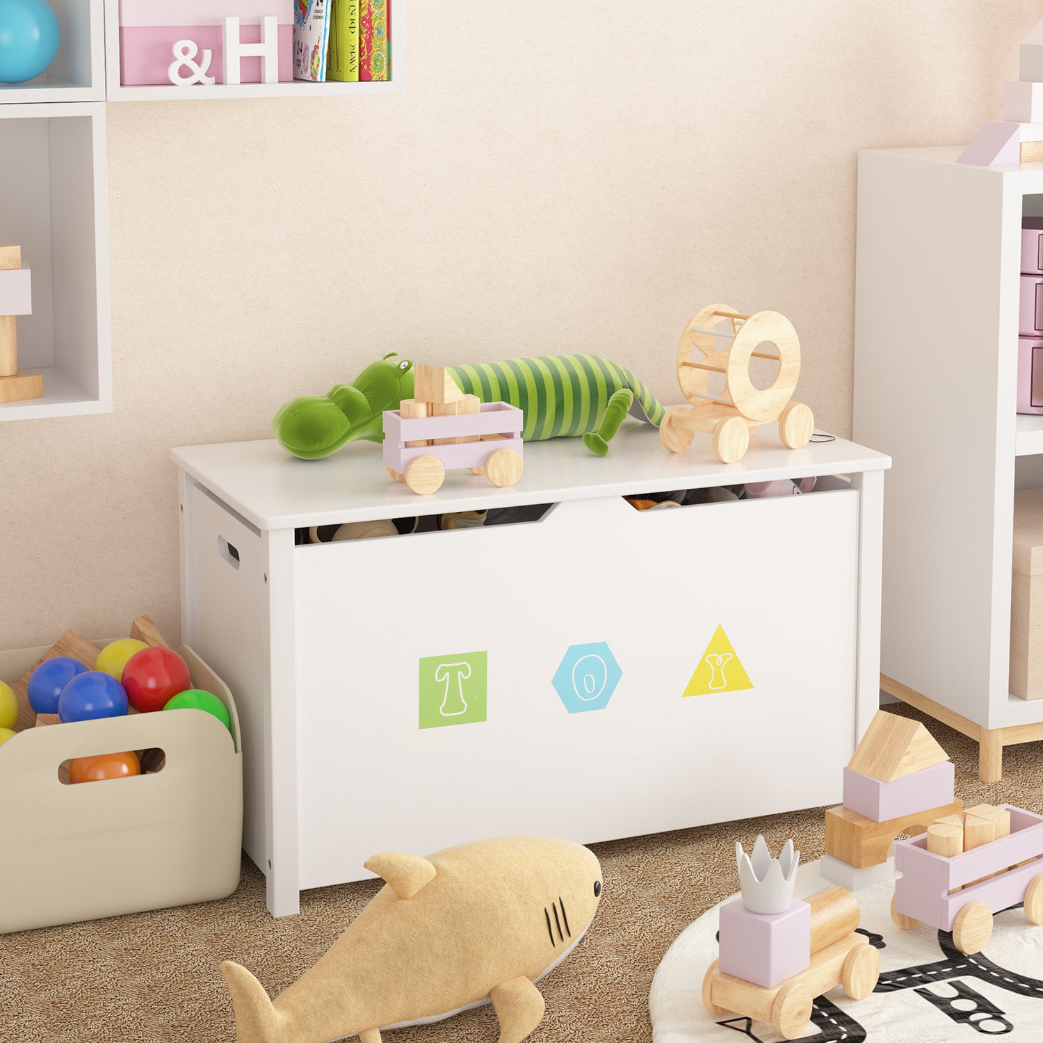 Homfa Kids- Cubby Bookcase. Children-s Wood Toy Chest with Flip-Top Lid and Safety Hinges for Nursery Playroom. White Finish