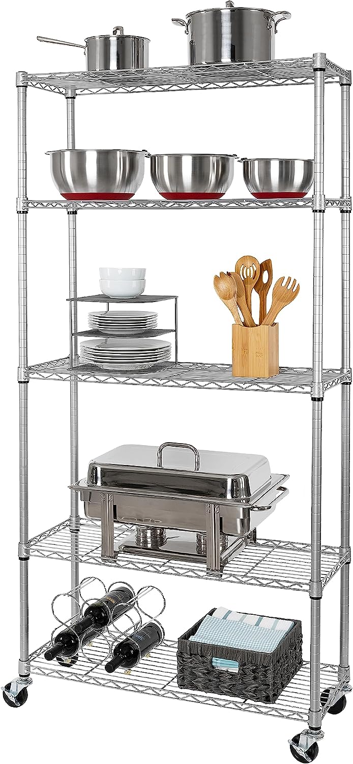 Seville Classics UltraDurable Heavy Duty NSF Solid Steel Wire Rack Storage Unit. Organizer for Garage. Warehouse. Office. Restaurant. Classroom. Kitchen. Silver. 5-Tier Shelving. 36″ W x 14″ D