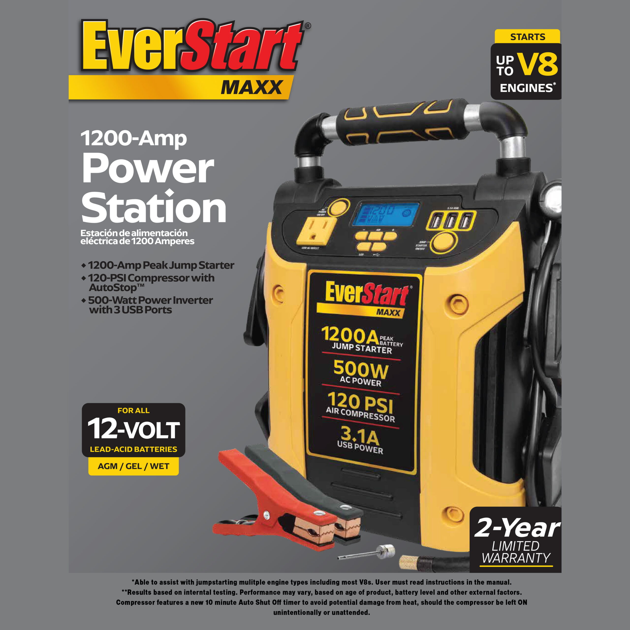EverStart Maxx J5CPDE Jump Starter. Power Station. 1200 Peak Battery Amps with 500W Inverter and 120 PSI Compressor