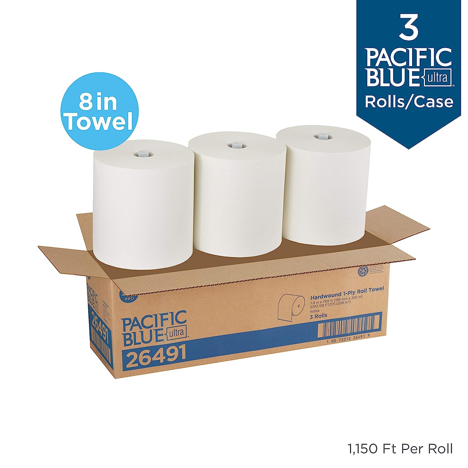 Pacific Blue Ultra 8 High-Capacity Recycled Paper Towel Rolls by GP PRO (Georgia-Pacific). White. 26491. 1.150 Linear Feet Per Roll. 3 Rolls Per Case