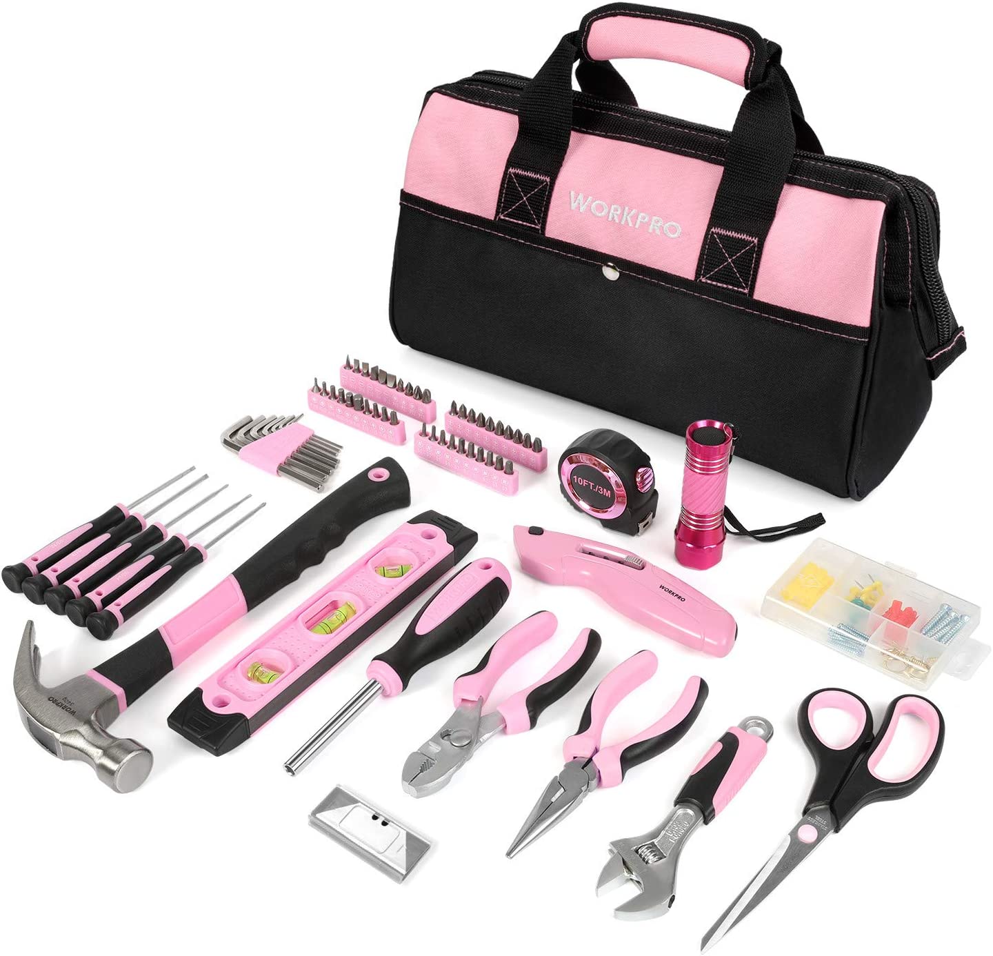 WORKPRO W009062A Pink Tool Kit. Home Repairing Tool Set with Wide Mouth Open Storage Bag. Household Tool Kit - Pink Ribbon