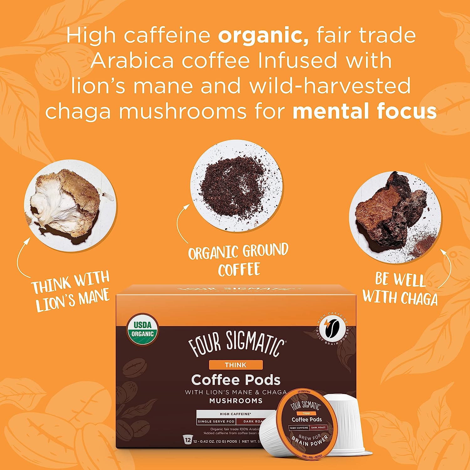 Mushroom Coffee K-Cups by Four Sigmatic | Organic and Fair Trade Dark Roast Coffee with Lion's Mane & Chaga | Focus & Immune Support | Vegan & Keto | Sustainable Pods | 48 Count