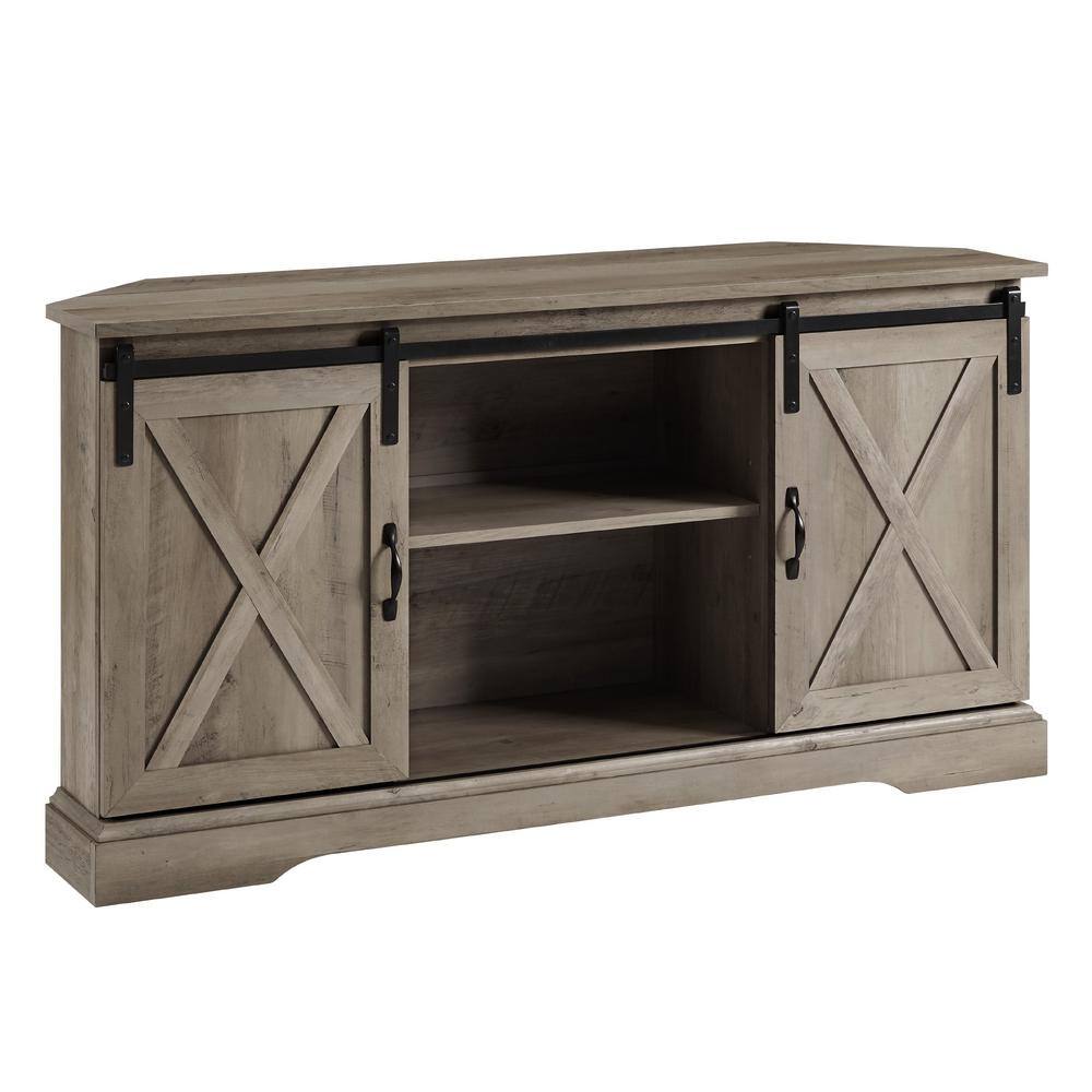 Welwick Designs  52 in. Grey Wash Wood Farmhouse Corner TV Stand with 2-Sliding Barn Doors fits TVs up to 58 in.