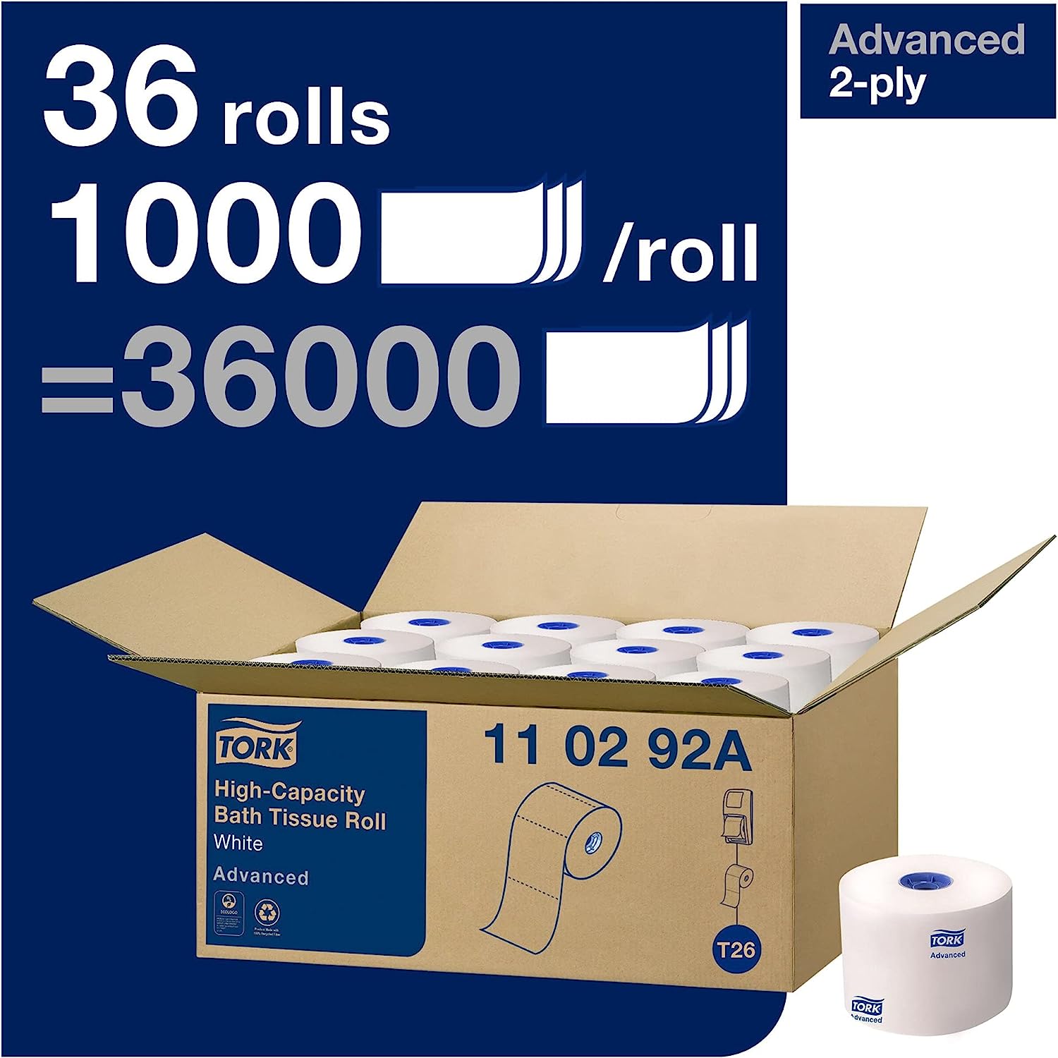 Tork High-Capacity Toilet Paper Roll White T26. Advanced. 2-Ply. 36 x 1000 sheets. 110292A