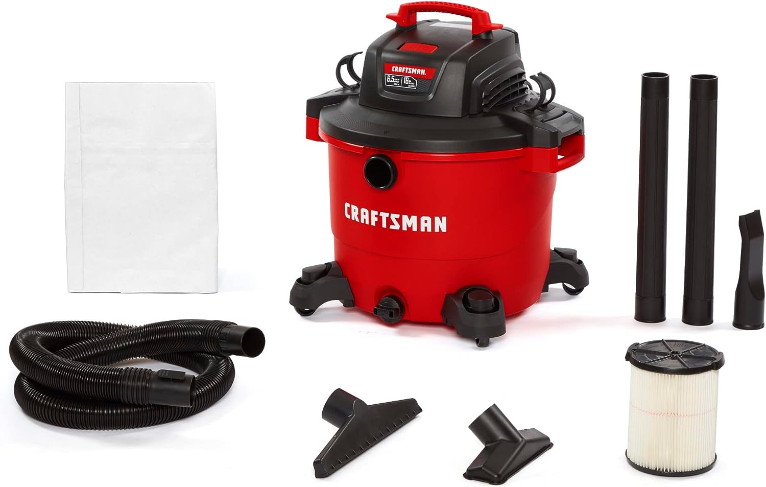 CRAFTSMAN CMXEVBE17595 16 Gallon 6.5 Peak HP Wet/Dry Vac. Heavy-Duty Shop Vacuum with Attachments. Red