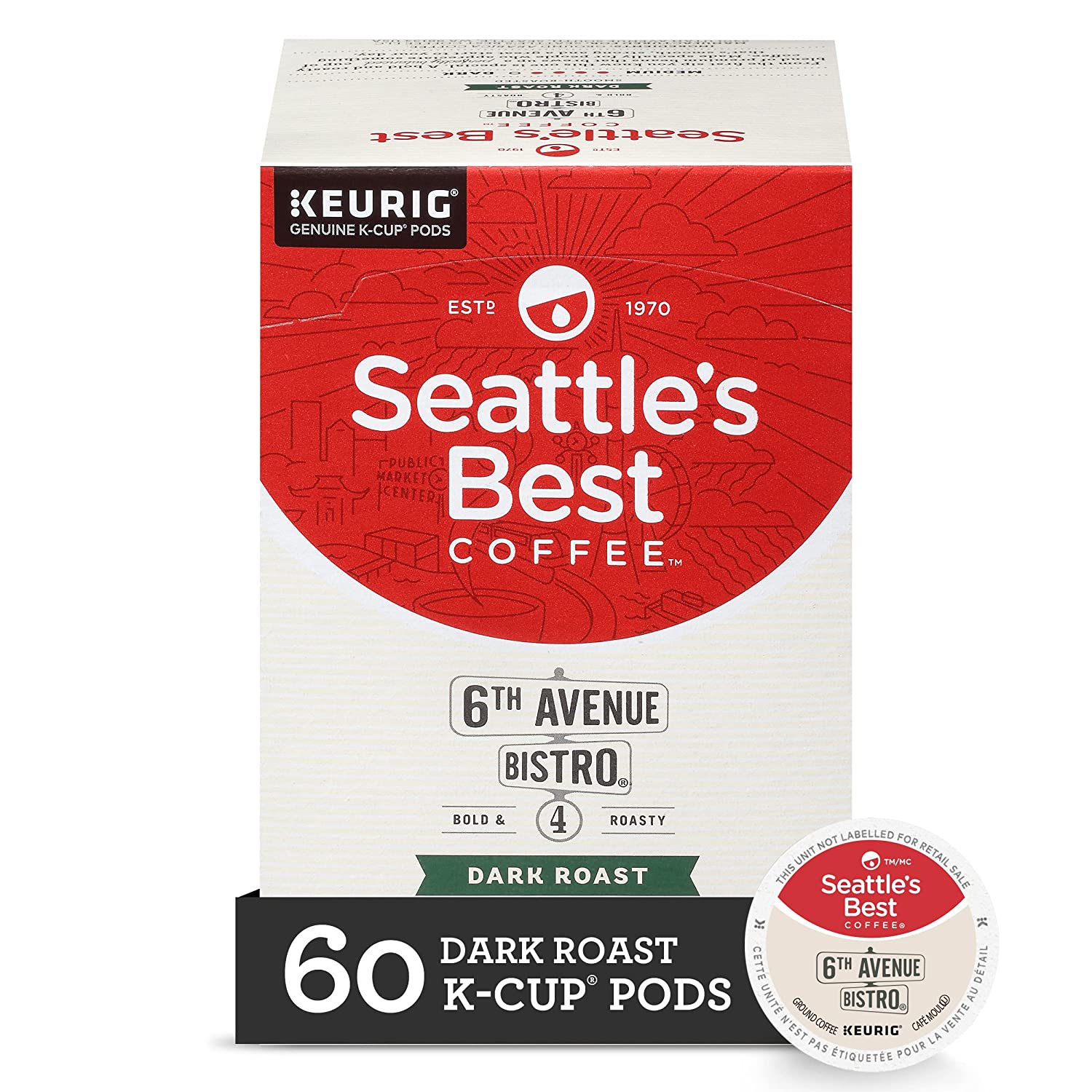 Seattle-s Best Coffee 6th Avenue Bistro Dark Roast K-Cup Pods | 6 boxes of 10 (60 Total Pods)