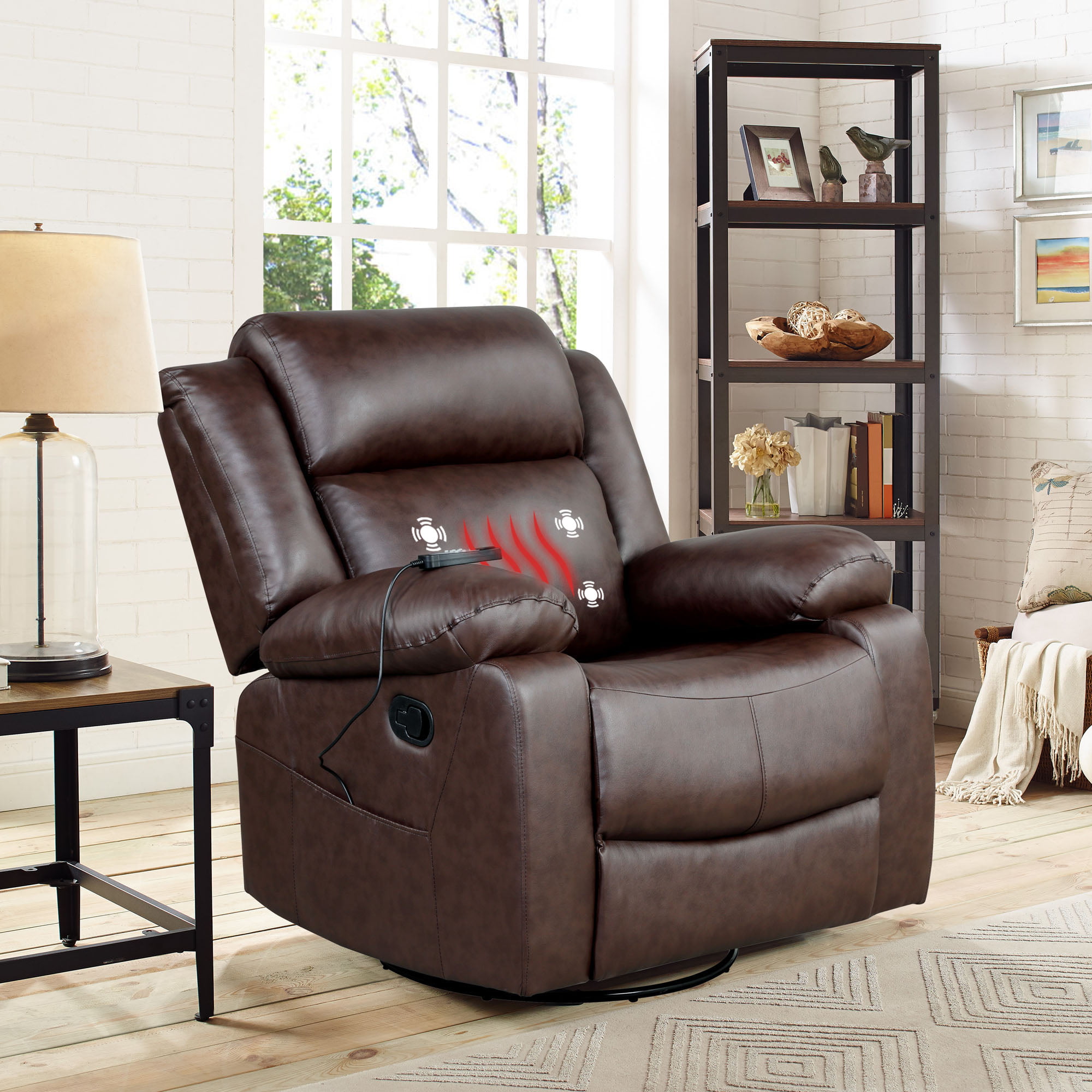 Elm & Oak Maxima Standard Manual Swivel Recliner with Massage and Heat. Brown Faux Leather