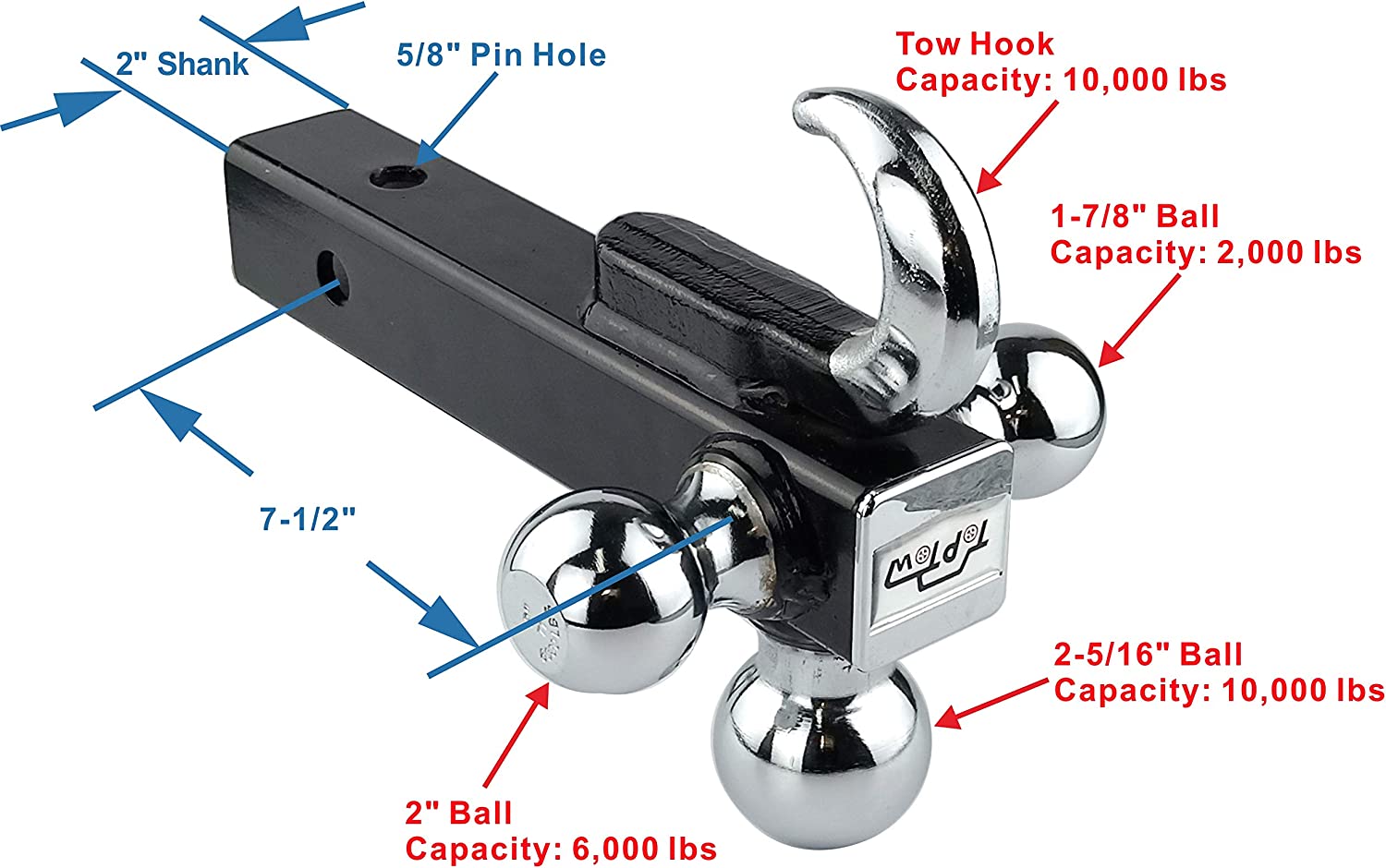 TOPTOW 64180 Trailer Receiver Hitch Triple Ball Mount with Hook. Chrome Balls. Fits for 2 inch Receiver. Hollow Shank