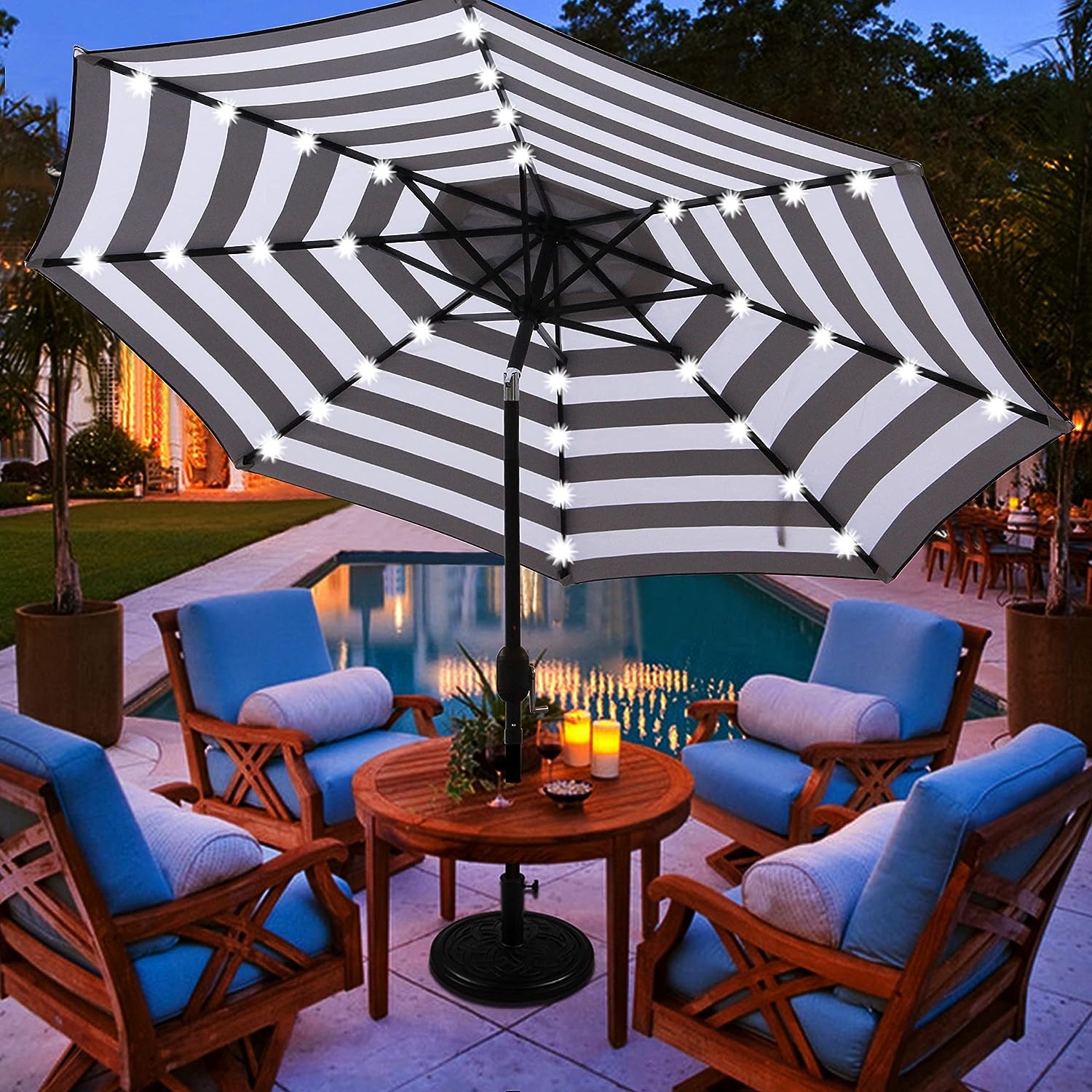 Blissun 9 ft Solar Umbrella 32 LED Lighted Patio Umbrella Table Market Umbrella with Tilt and Crank Outdoor Umbrella for Garden. Deck. Backyard. Pool and Beach (Black and White)