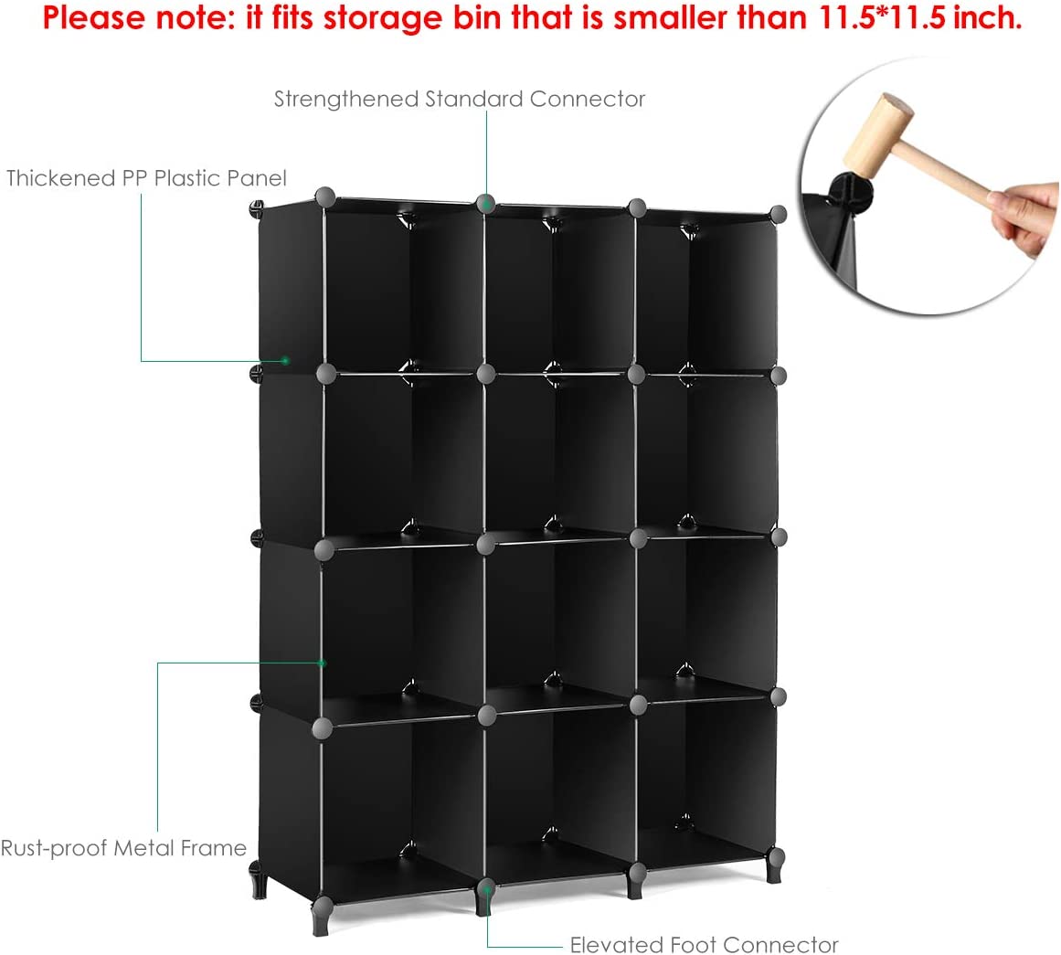 TomCare Cube Storage 12-Cube Bookshelf Closet Organizer Storage Shelves Shelf Cubes Organizer Plastic Book Shelf Bookcase DIY Square Closet Cabinet Shelves for Bedroom Office Living Room. Black