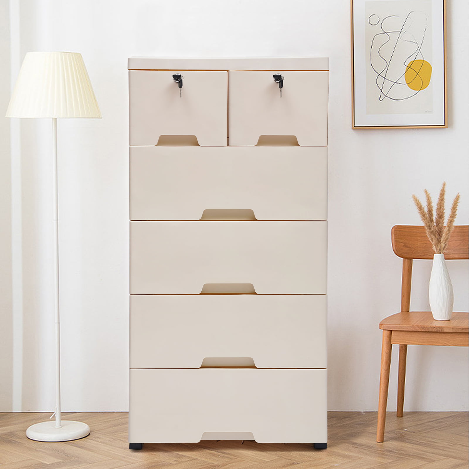 Loyalheartdy 6 Plastic Drawer Dresser Storage Chest Bedroom Tower Closet Organizer Furniture Cabinet w/4 Wheels Beige