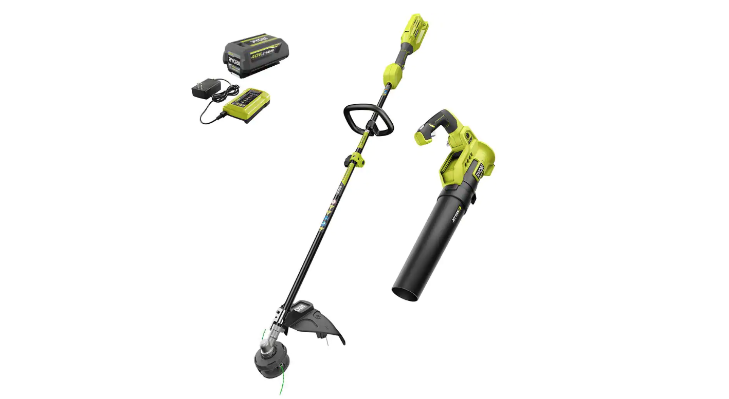 RYOBI RY40940VNM 40V Cordless Battery Attachment Capable String Trimmer and Leaf Blower Combo Kit (2-Tools) w/ 4.0 Ah Battery & Charger